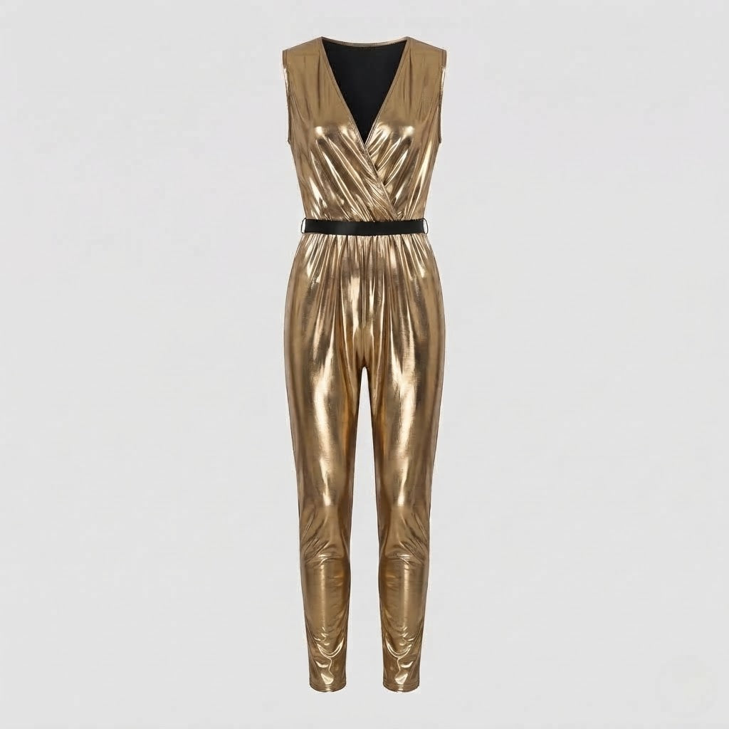 Men's gold metallic disco Halloween costume jumpsuit with deep wrap V-neck - view 5