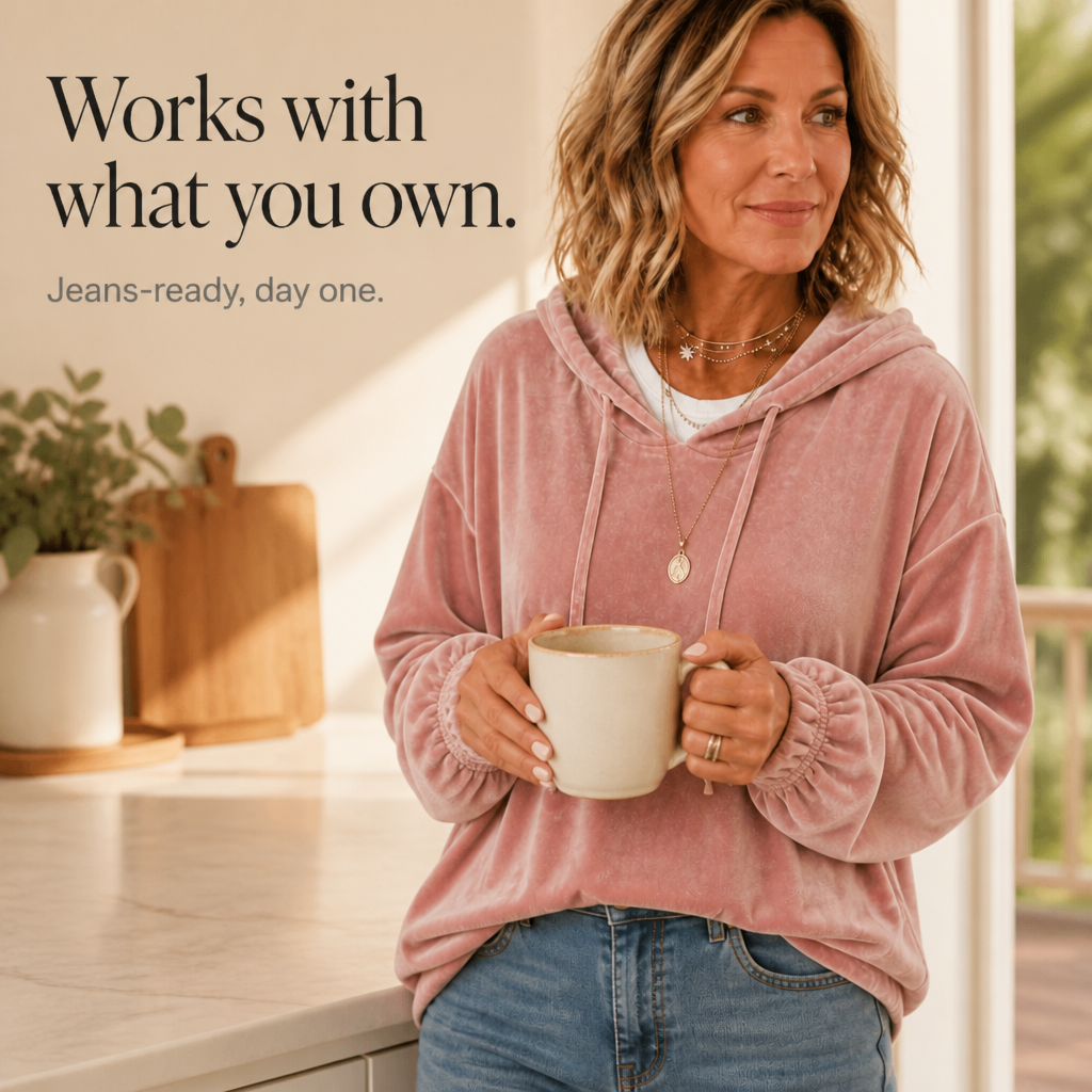 Pink velvet hoodie with ruffle cuffs and drawstring hood, a relaxed women's winter top worn with jeans - view 10