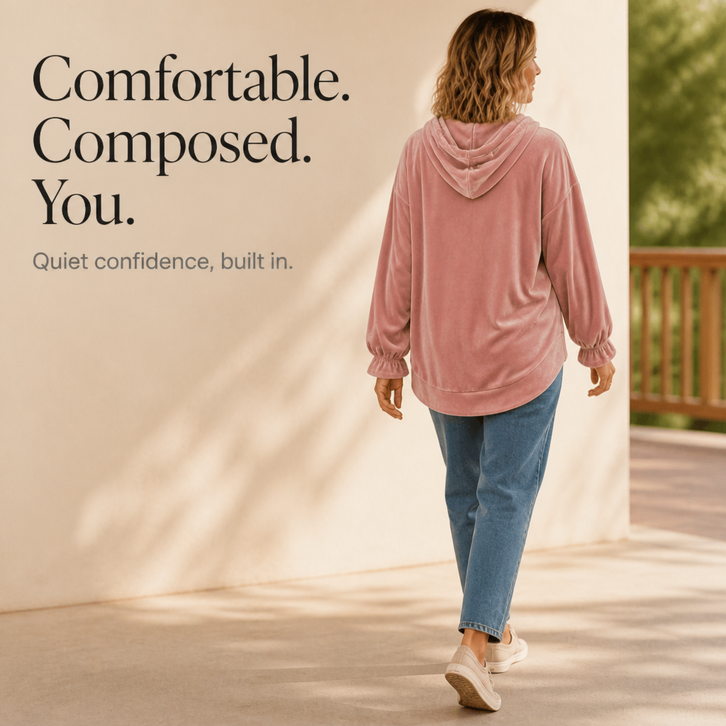 Pink velvet hoodie with ruffle cuffs and drawstring hood, a relaxed women's winter top worn with jeans - view 12