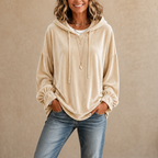 Pink velvet hoodie with ruffle cuffs and drawstring hood, a relaxed women's winter top worn with jeans - view 14