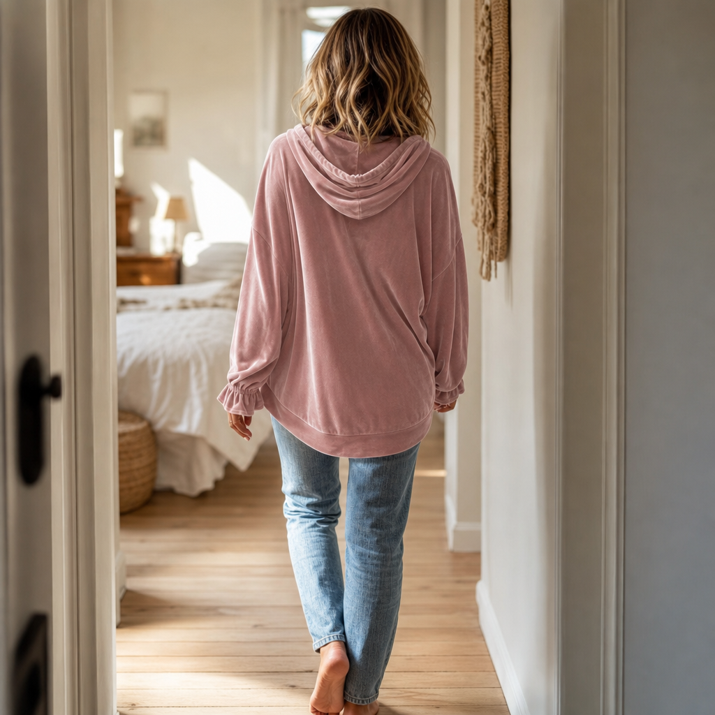 Pink velvet hoodie with ruffle cuffs and drawstring hood, a relaxed women's winter top worn with jeans - view 4