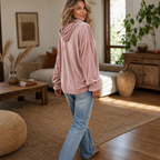 Pink velvet hoodie with ruffle cuffs and drawstring hood, a relaxed women's winter top worn with jeans - view 5