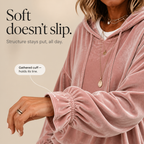 Pink velvet hoodie with ruffle cuffs and drawstring hood, a relaxed women's winter top worn with jeans - view 7