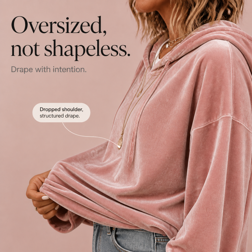 Pink velvet hoodie with ruffle cuffs and drawstring hood, a relaxed women's winter top worn with jeans - view 8
