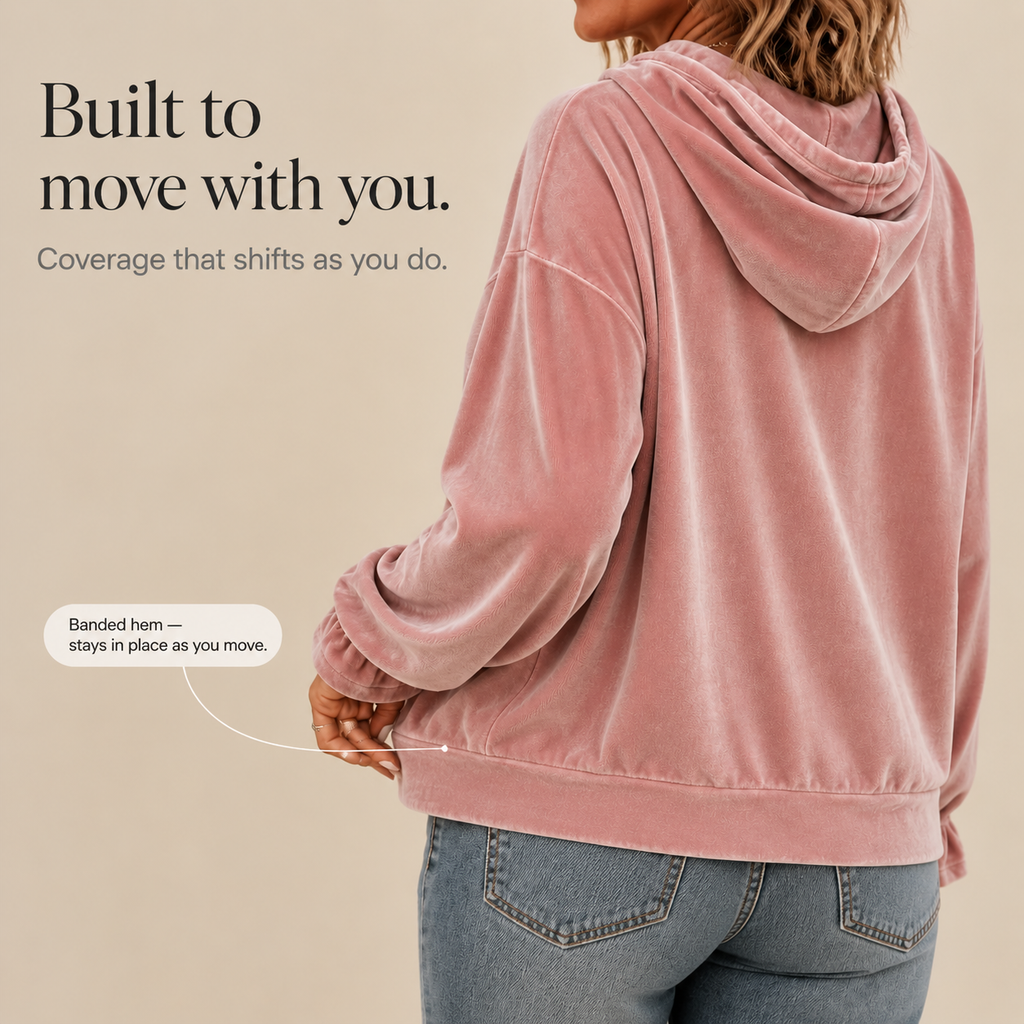 Pink velvet hoodie with ruffle cuffs and drawstring hood, a relaxed women's winter top worn with jeans - view 9