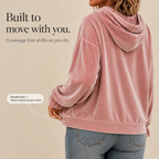 Pink velvet hoodie with ruffle cuffs and drawstring hood, a relaxed women's winter top worn with jeans - view 9