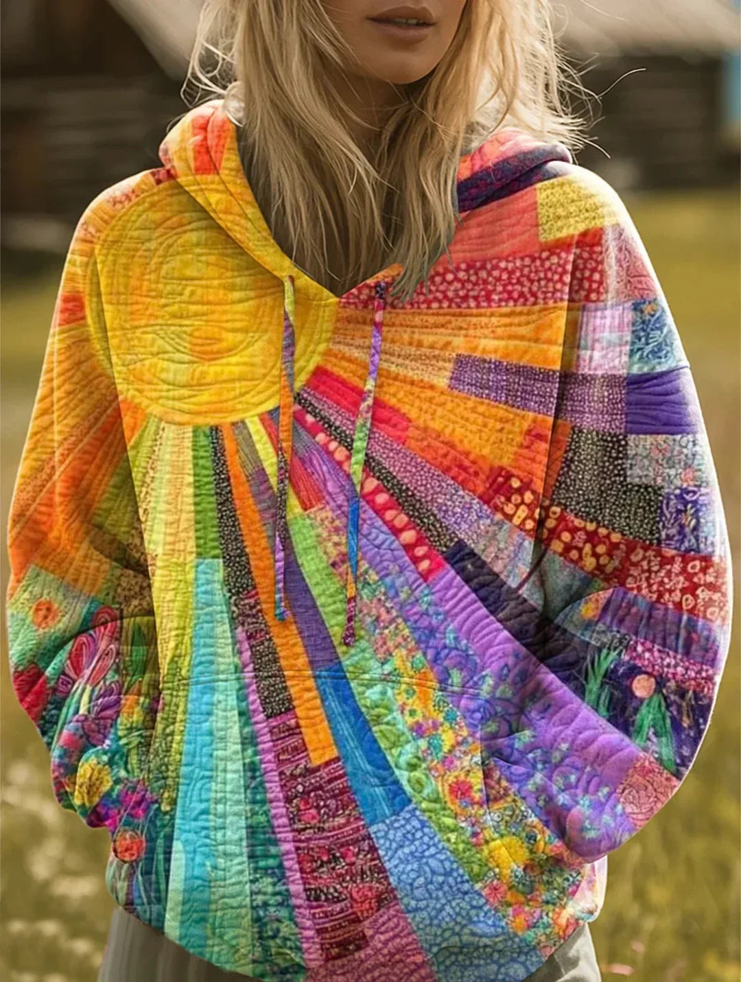 Women's multicolor patchwork hoodie with boho sunburst print and drawstring hood