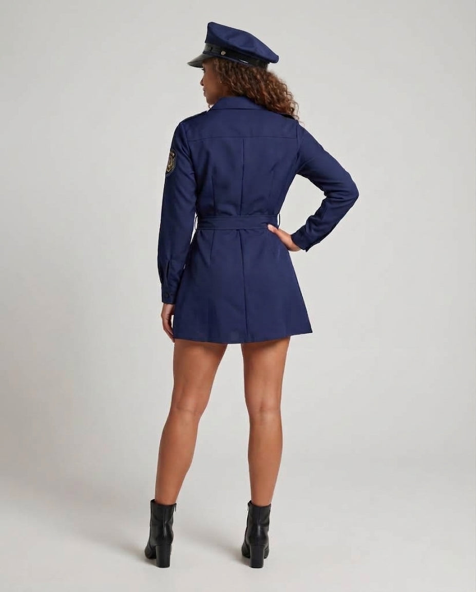 Women's navy police officer Halloween costume shirt dress with badge and tie belt - view 3