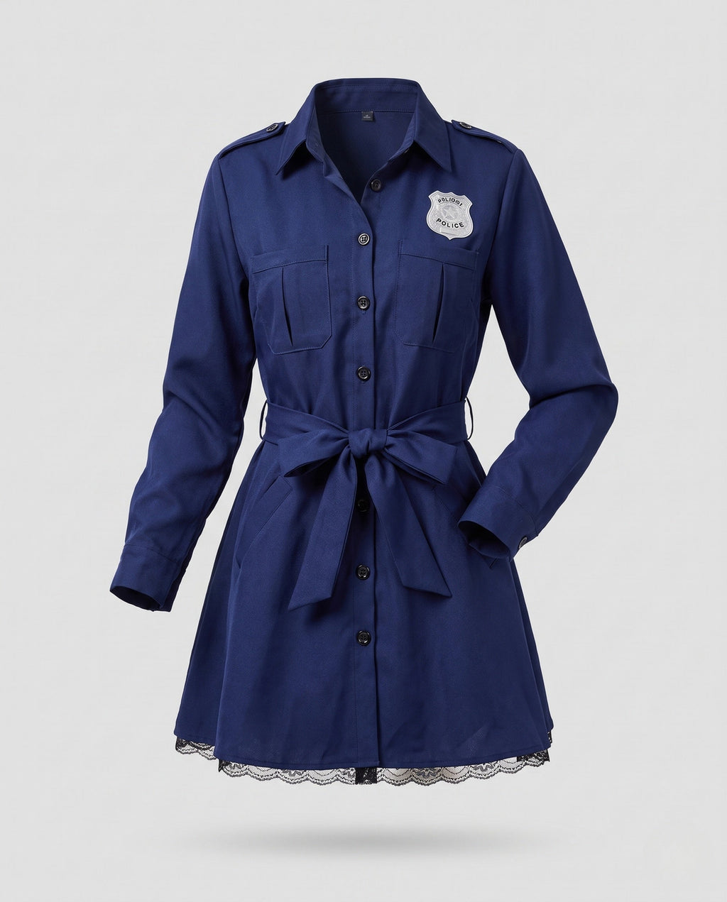 Women's navy police officer Halloween costume shirt dress with badge and tie belt - view 4
