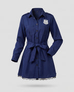 Women's navy police officer Halloween costume shirt dress with badge and tie belt - view 4