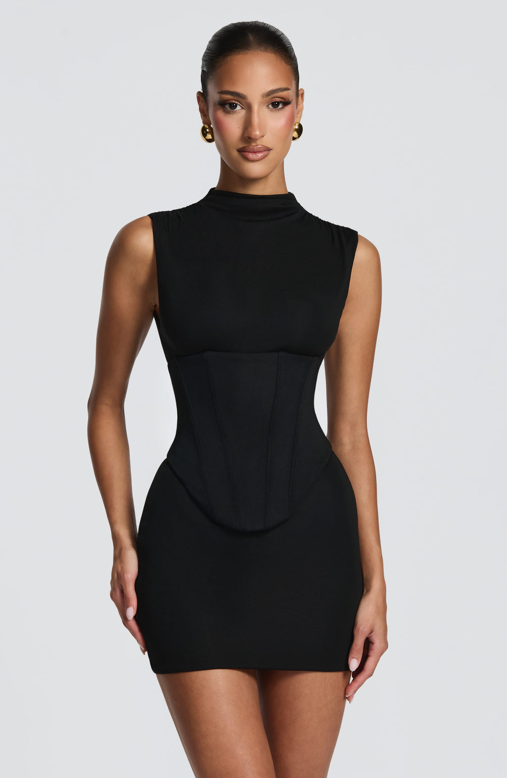 Maya black corset homecoming mini dress with mock neck