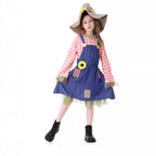 Girls scarecrow Halloween costume with pink plaid sleeves, blue denim-look overall dress, sunflower and burlap-look hat