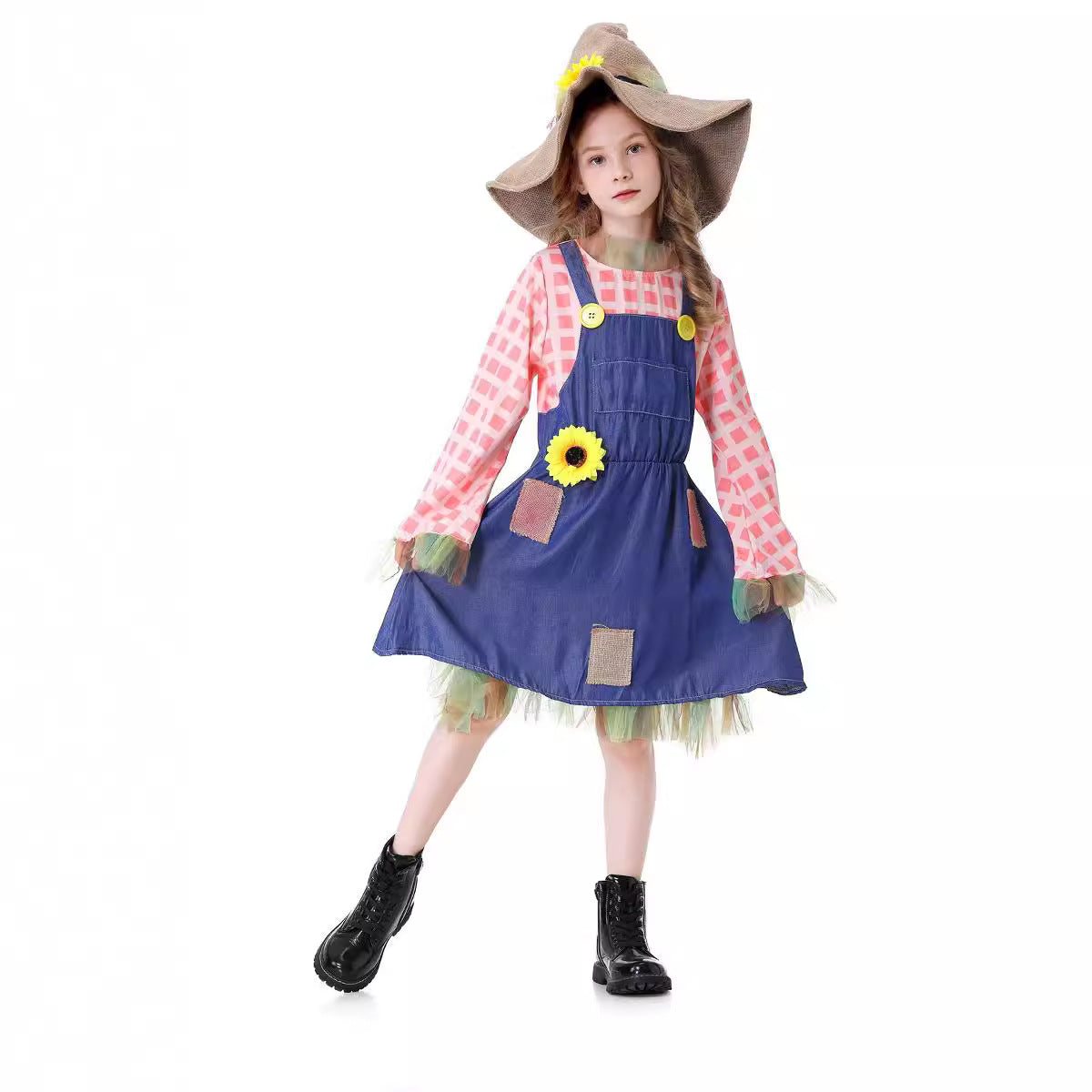 Girls scarecrow Halloween costume with pink plaid sleeves, blue denim-look overall dress, sunflower and burlap-look hat