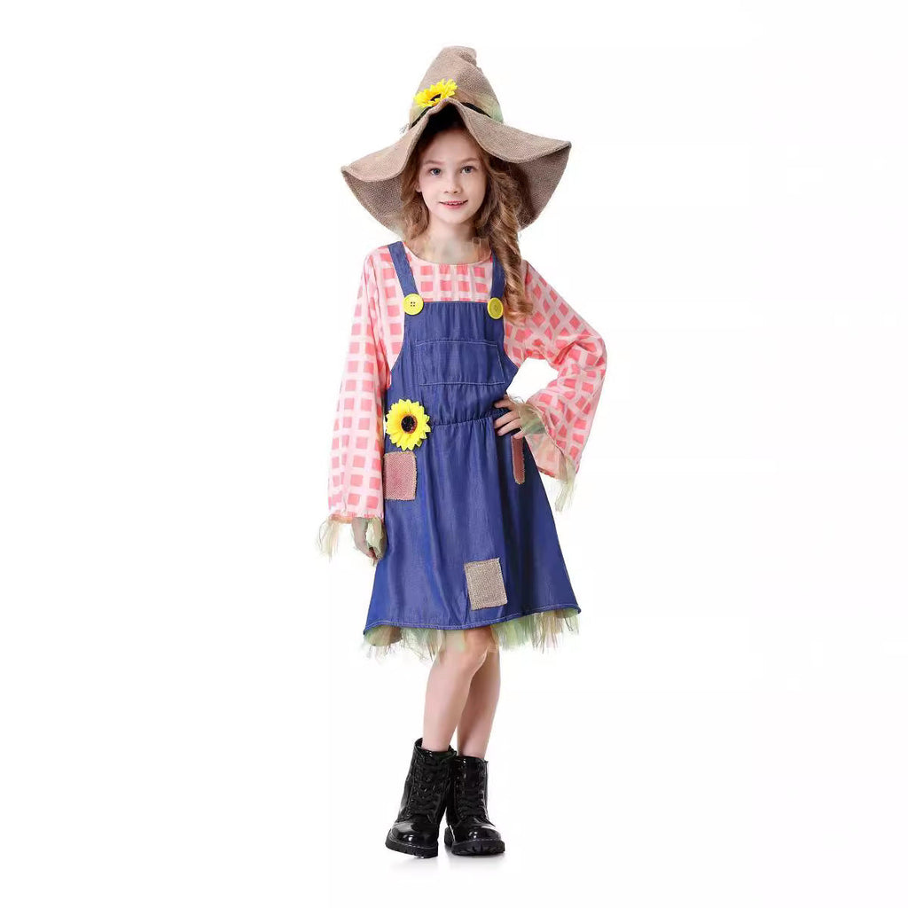 Girls scarecrow Halloween costume with pink plaid sleeves, blue denim-look overall dress, sunflower and burlap-look hat - view 2