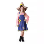 Girls scarecrow Halloween costume with pink plaid sleeves, blue denim-look overall dress, sunflower and burlap-look hat - view 2