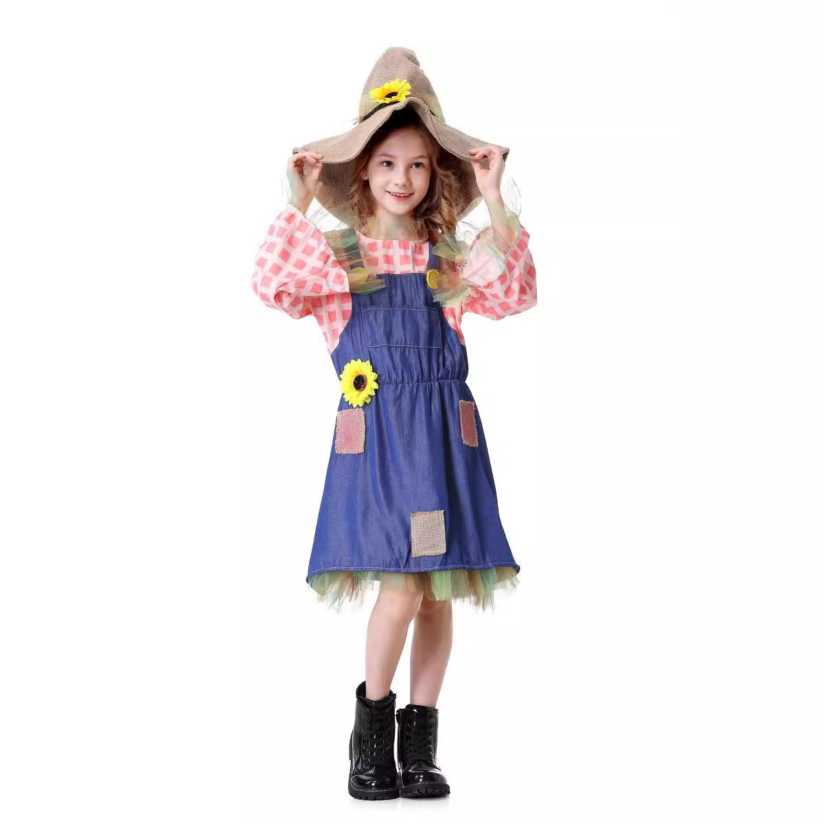 Girls scarecrow Halloween costume with pink plaid sleeves, blue denim-look overall dress, sunflower and burlap-look hat - view 3
