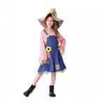 Girls scarecrow Halloween costume with pink plaid sleeves, blue denim-look overall dress, sunflower and burlap-look hat - view 4