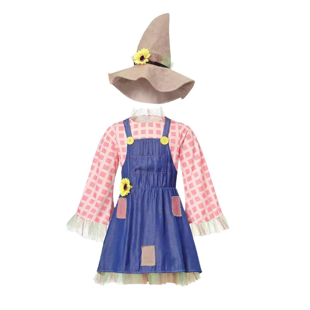Girls scarecrow Halloween costume with pink plaid sleeves, blue denim-look overall dress, sunflower and burlap-look hat - view 5