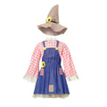 Girls scarecrow Halloween costume with pink plaid sleeves, blue denim-look overall dress, sunflower and burlap-look hat - view 5