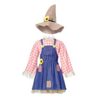 Girls scarecrow Halloween costume with pink plaid sleeves, blue denim-look overall dress, sunflower and burlap-look hat - view 5