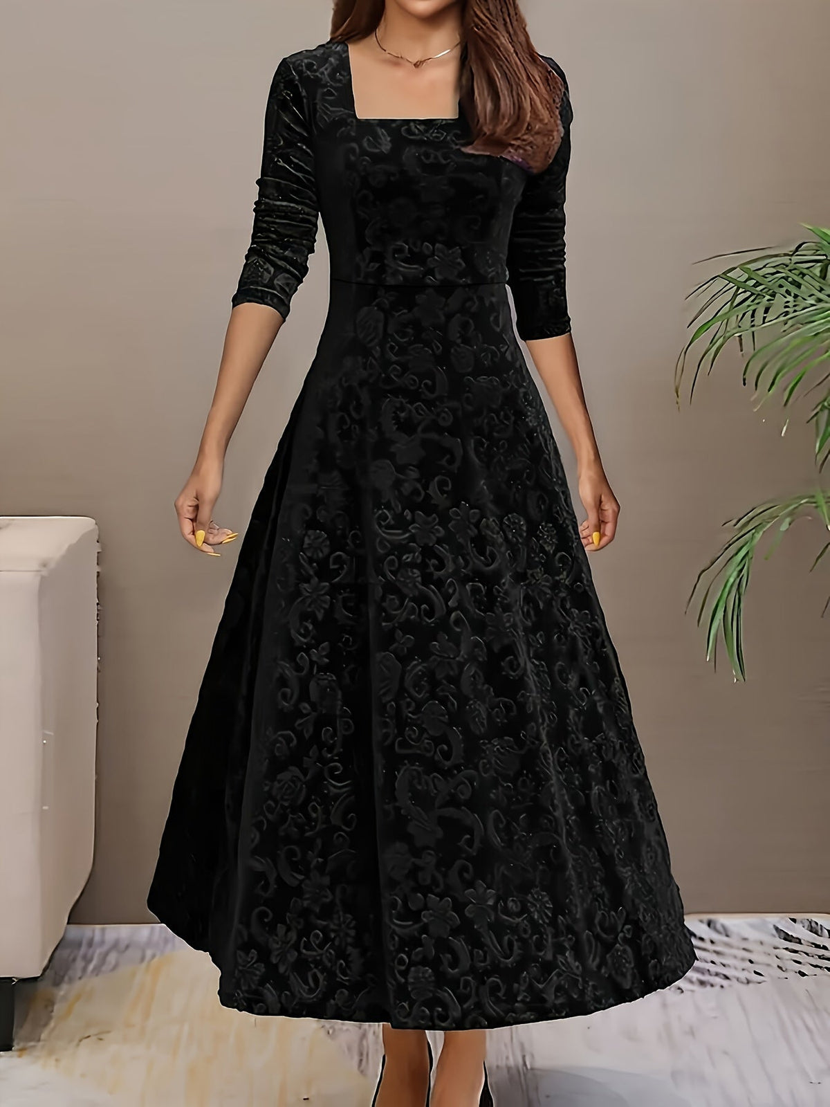Woman wearing an embossed velvet square neck midi dress with full A-line skirt - view 5