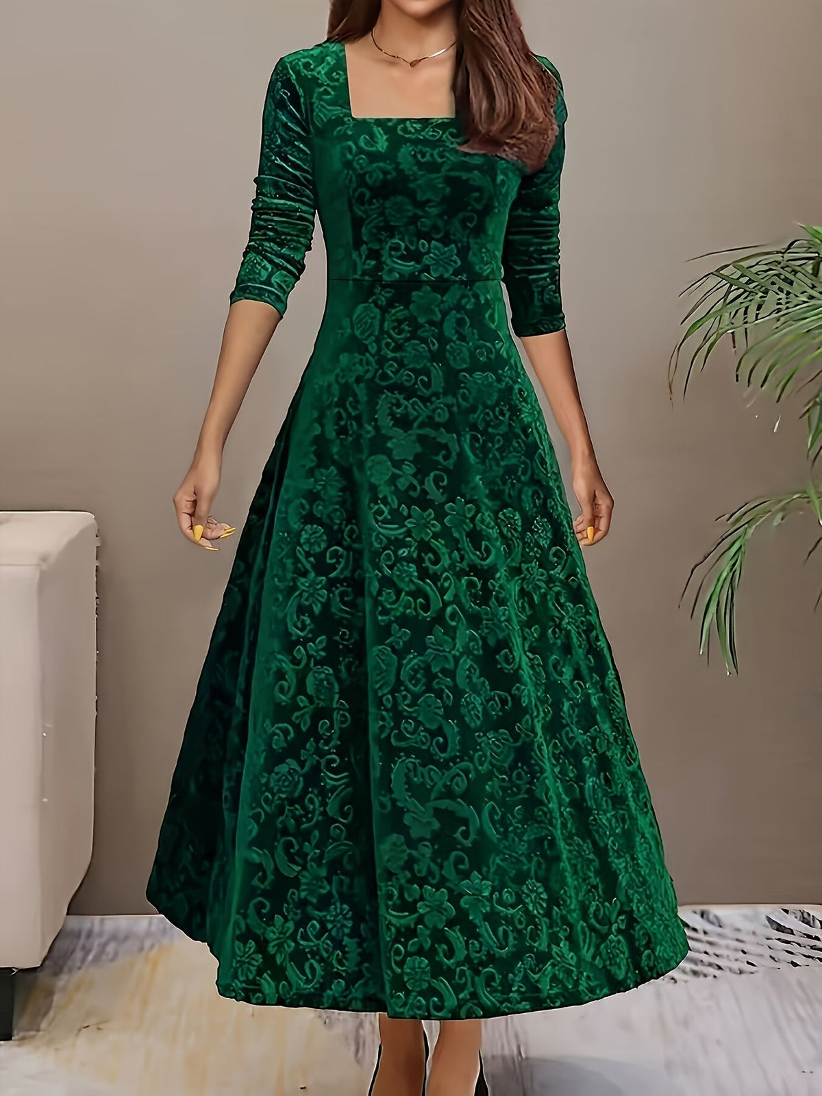Woman wearing an embossed velvet square neck midi dress with full A-line skirt - view 6