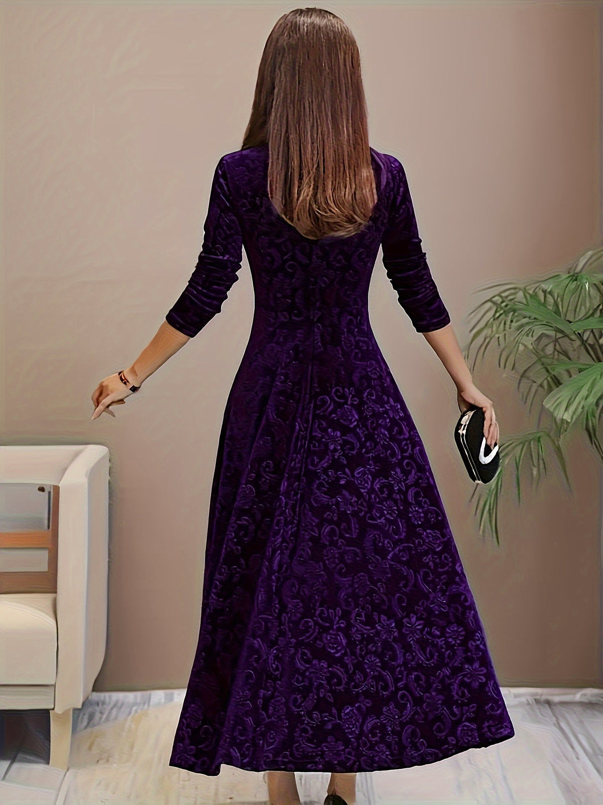 Woman wearing an embossed velvet square neck midi dress with full A-line skirt - view 7