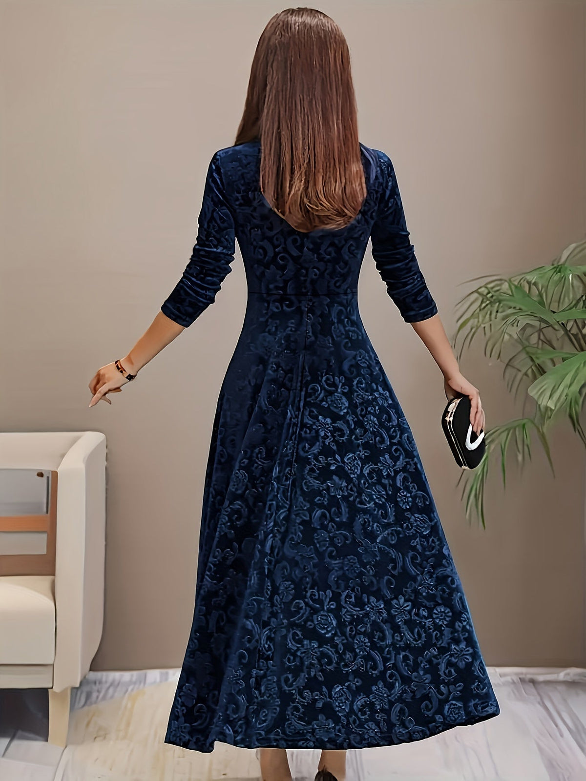 Woman wearing an embossed velvet square neck midi dress with full A-line skirt - view 8
