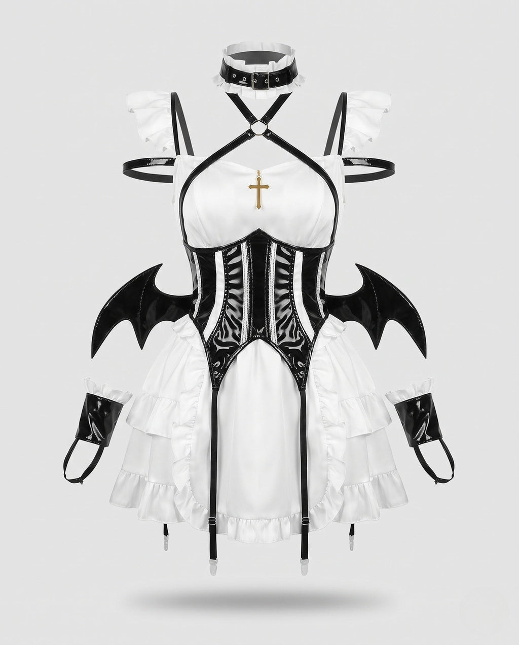 Women's devil Halloween costume with ruffle mini dress, glossy corset belt, harness, choker and bat-wing cuffs - view 4