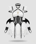 Women's devil Halloween costume with ruffle mini dress, glossy corset belt, harness, choker and bat-wing cuffs - view 4