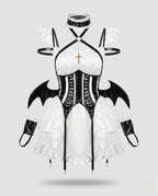 Women's devil Halloween costume with ruffle mini dress, glossy corset belt, harness, choker and bat-wing cuffs - view 4