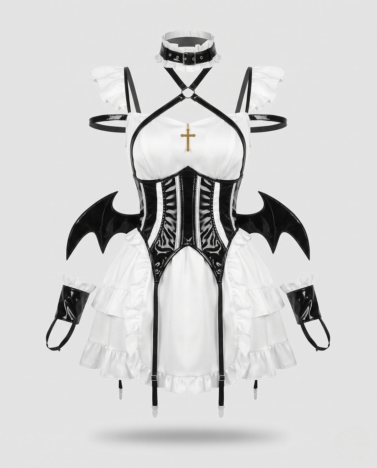 Women's devil Halloween costume with ruffle mini dress, glossy corset belt, harness, choker and bat-wing cuffs - view 4