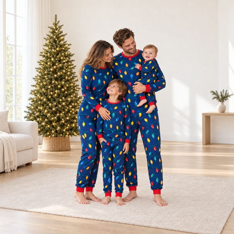 Matching Christmas pajamas in navy with colorful holiday bulb print and red trim