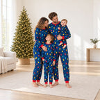 Matching Christmas pajamas in navy with colorful holiday bulb print and red trim