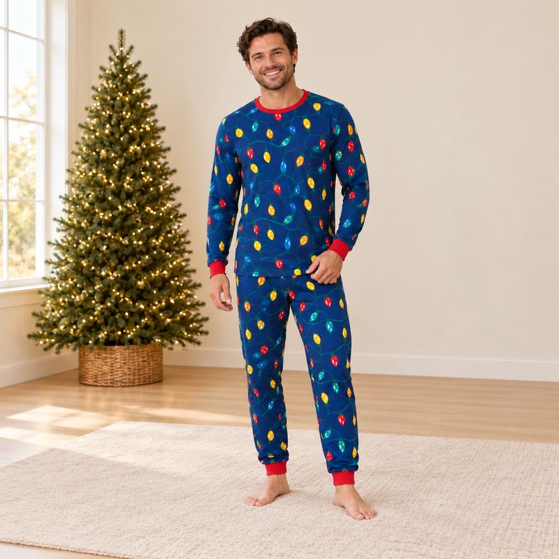 Matching Christmas pajamas in navy with colorful holiday bulb print and red trim - view 2