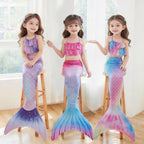 Girls mermaid costume with ruffled halter crop top and scale-print tail skirt with flared fin