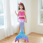 Girls mermaid costume with ruffled halter crop top and scale-print tail skirt with flared fin - view 13