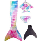 Girls mermaid costume with ruffled halter crop top and scale-print tail skirt with flared fin - view 5