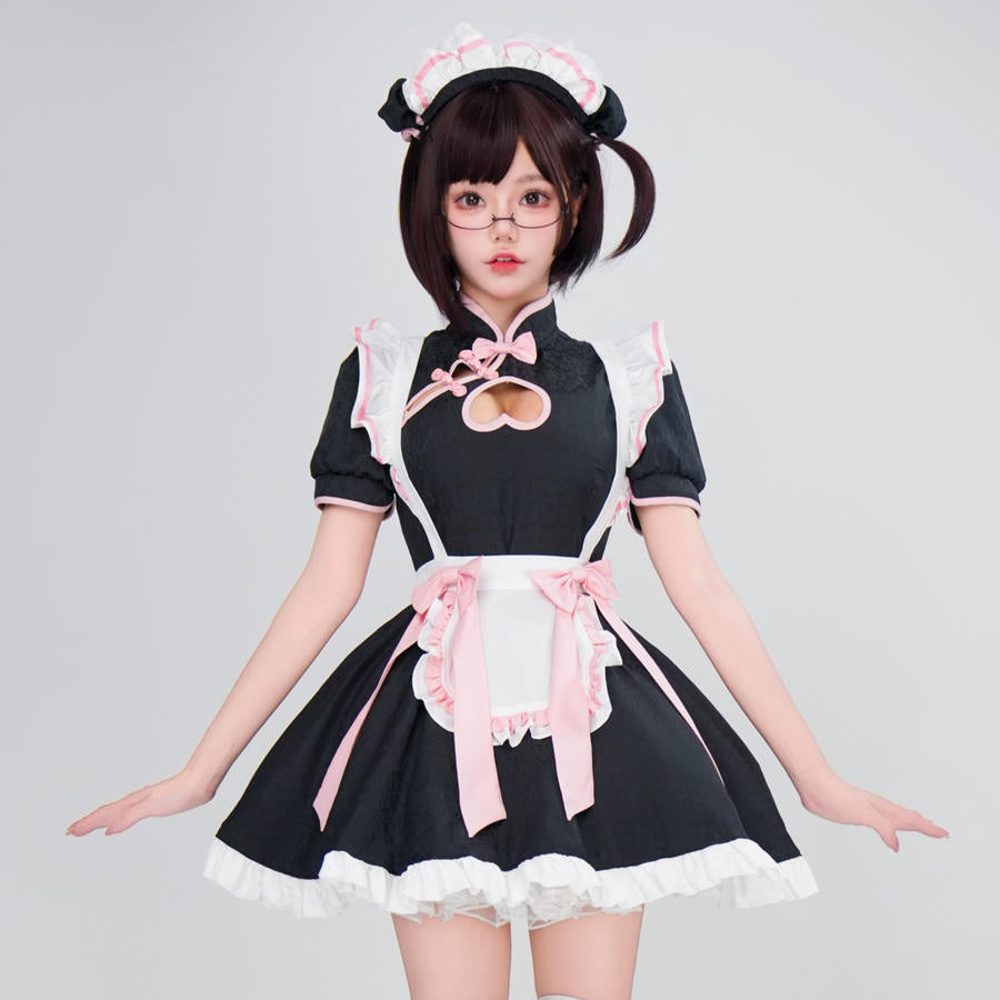Women's black maid Halloween costume with heart cutout, white ruffled apron and pink bows