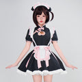 Women's black maid Halloween costume with heart cutout, white ruffled apron and pink bows
