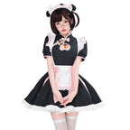 Women's black maid Halloween costume with heart cutout, white ruffled apron and pink bows - view 5