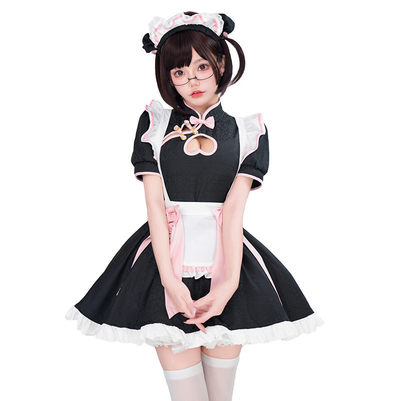 Women's black maid Halloween costume with heart cutout, white ruffled apron and pink bows - view 5
