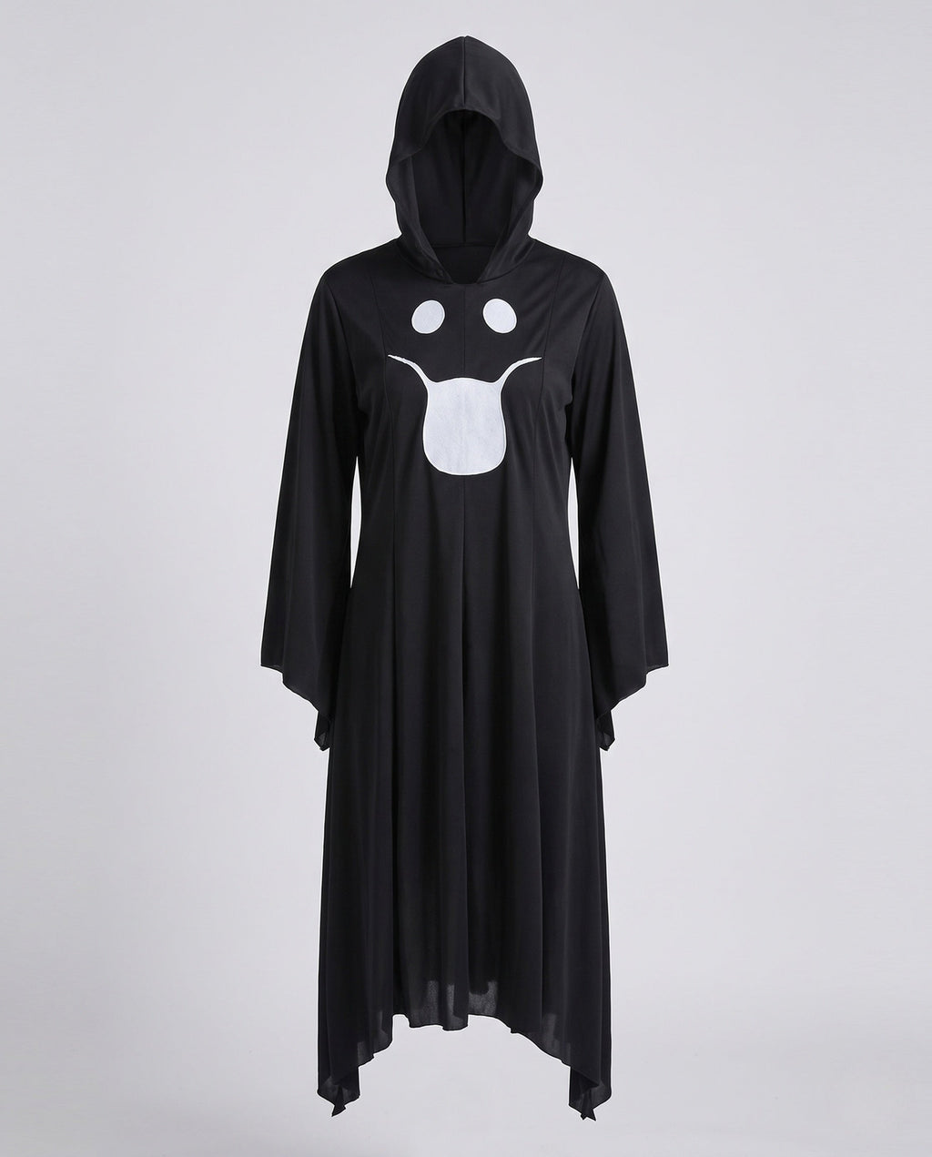 Woman wearing a black hooded Halloween costume dress with a white ghost face, bell sleeves and a handkerchief hem - view 5
