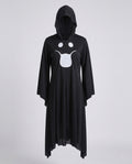 Woman wearing a black hooded Halloween costume dress with a white ghost face, bell sleeves and a handkerchief hem - view 5