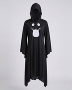 Woman wearing a black hooded Halloween costume dress with a white ghost face, bell sleeves and a handkerchief hem - view 5