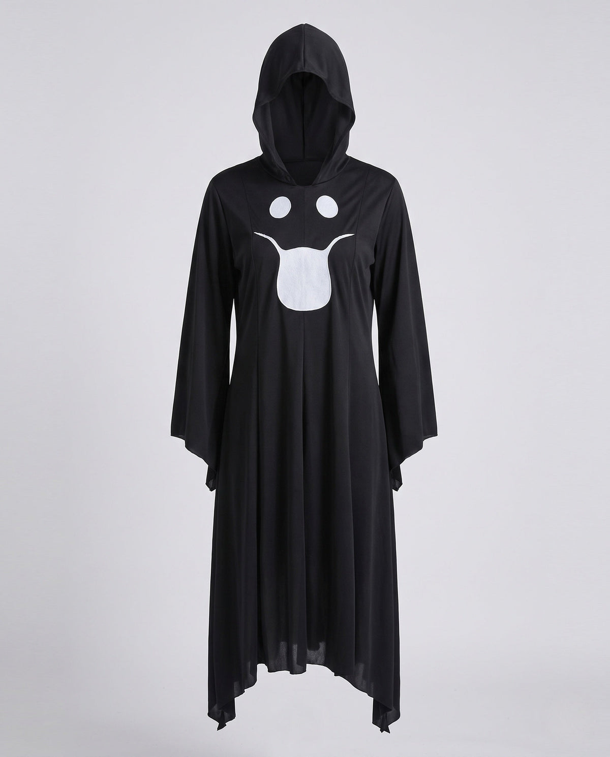 Woman wearing a black hooded Halloween costume dress with a white ghost face, bell sleeves and a handkerchief hem - view 5
