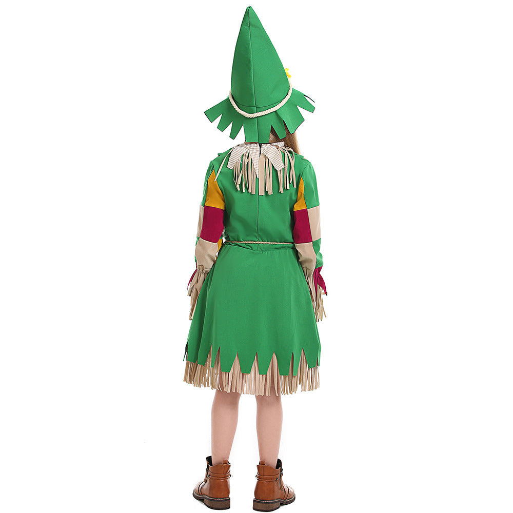 Girl wearing a green scarecrow Halloween costume with patchwork sleeves, fringe trim, rope belt and sunflower hat - view 3