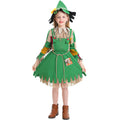 Girl wearing a green scarecrow Halloween costume with patchwork sleeves, fringe trim, rope belt and sunflower hat - view 6