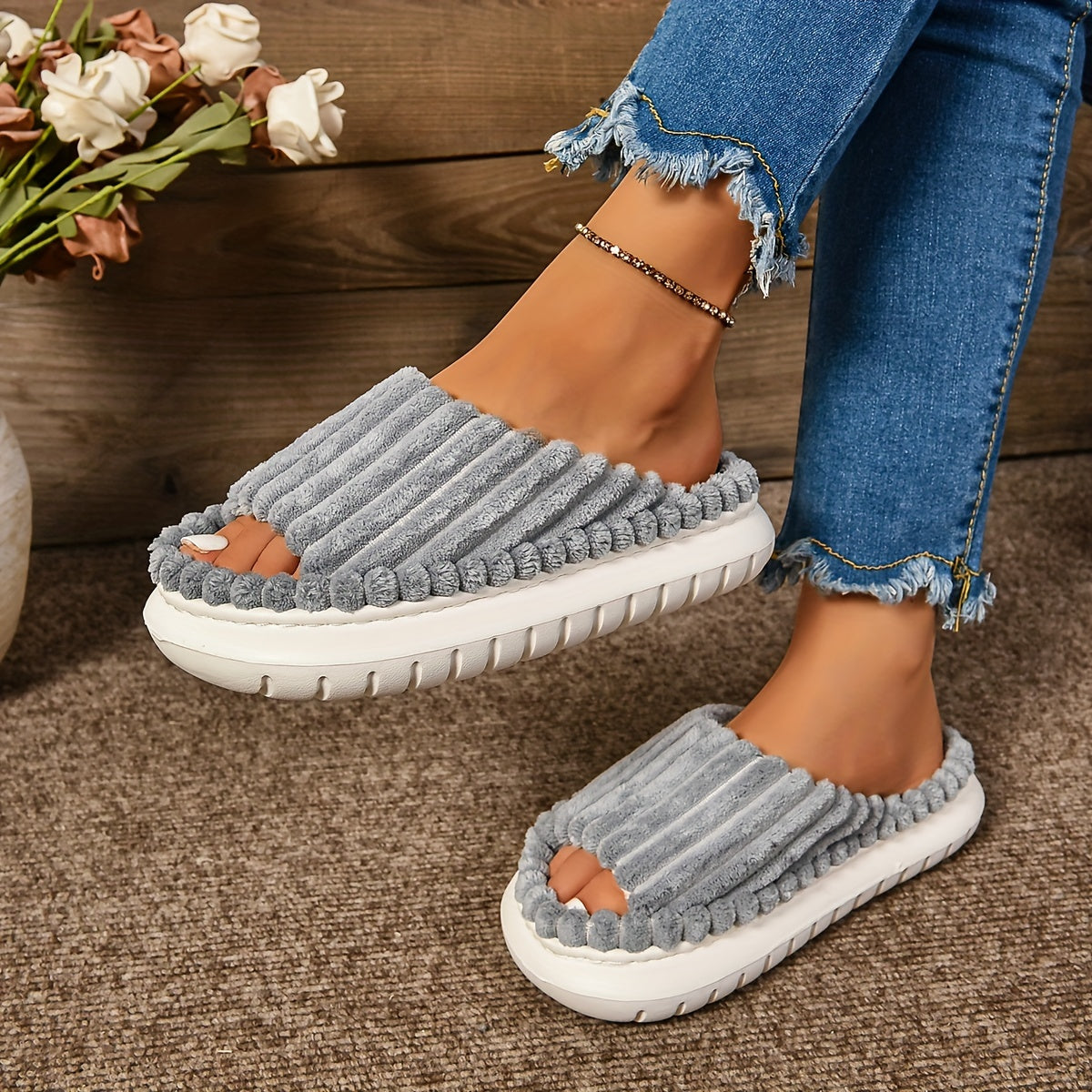 Mimi | Striped Peep Toe Cozy Slide Slippers