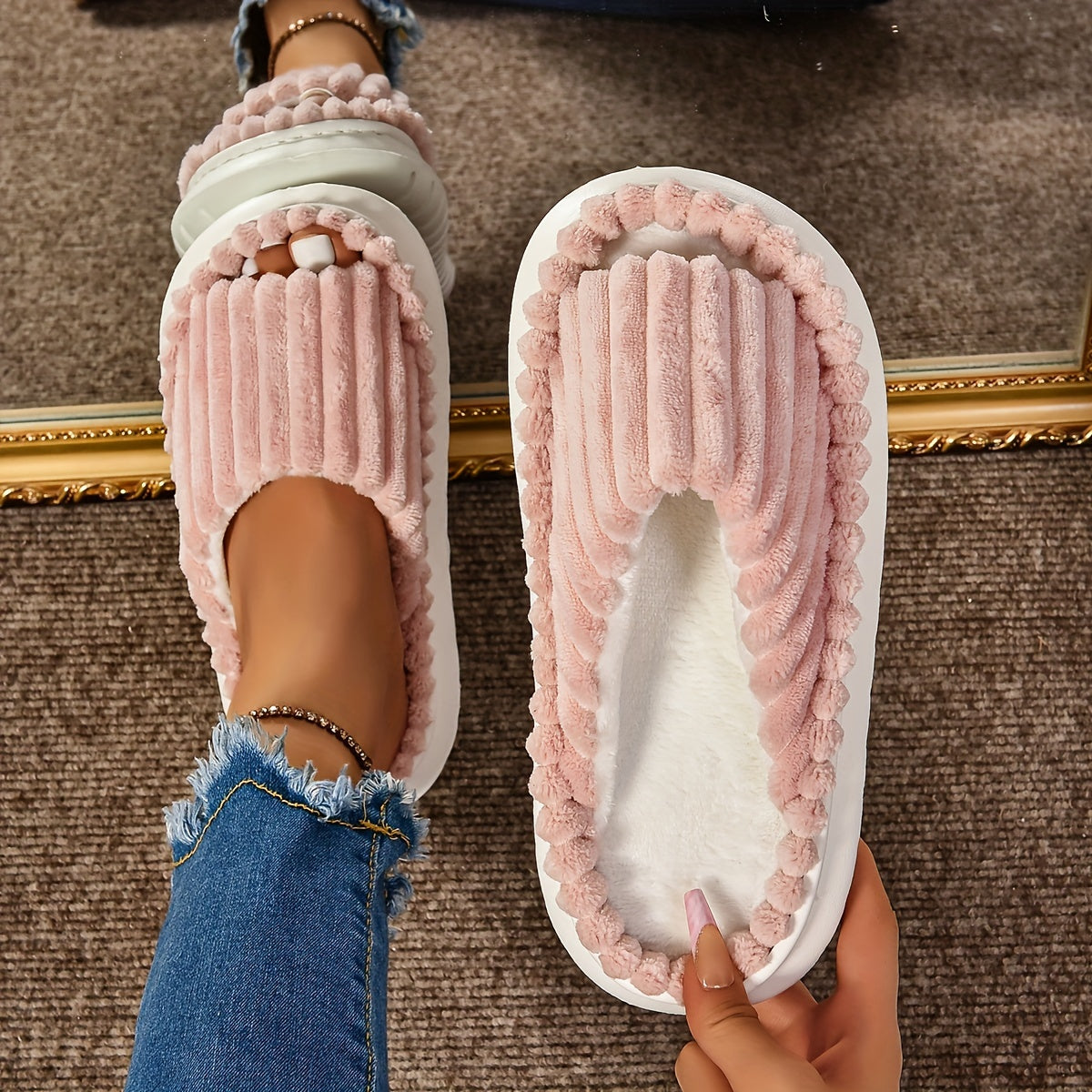 Mimi | Striped Peep Toe Cozy Slide Slippers